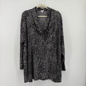 Avenue Tunic Top Gray Women 22/24 Leopard Animal Print Cowl Neck Long Sleeve
